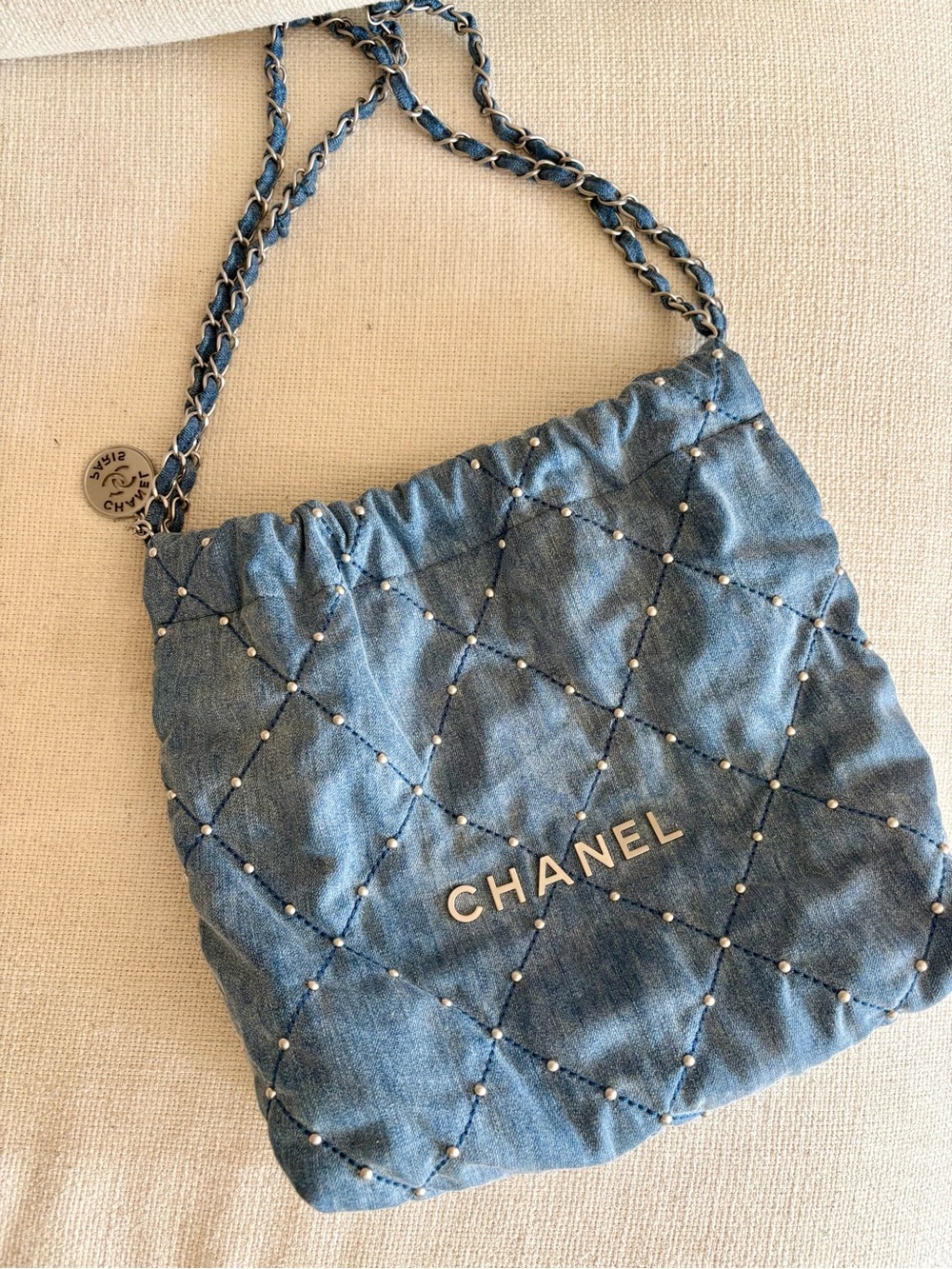 CHANEL Small 22 Bag in Limited Edition Denim Pearl-Stud Shoulder Bag